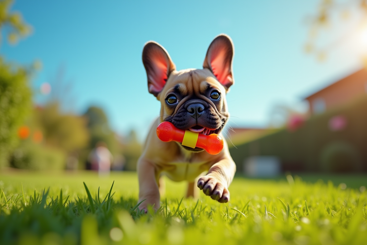 Chiot bulldog français courant dans le jardin en plein soleil