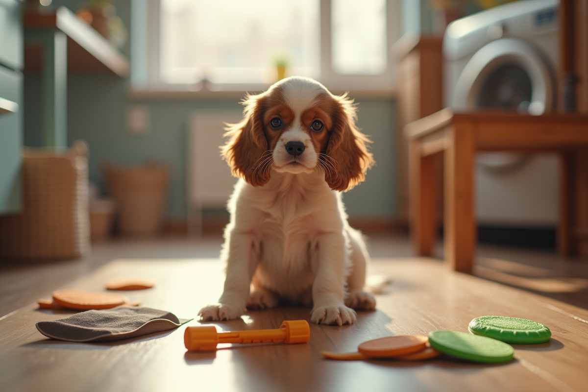 Petit chiot cocker sur le sol de la cuisine entouré de jouets