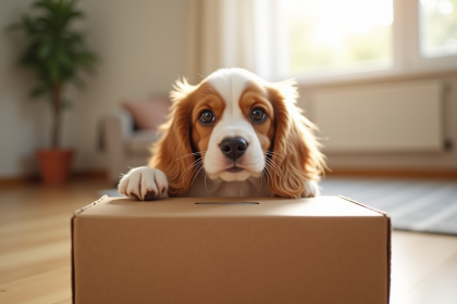 Chiot cocker spaniel curieux regardant par-dessus une boîte en carton