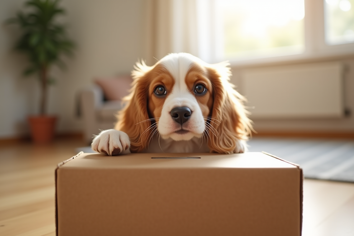 Chiot cocker spaniel curieux regardant par-dessus une boîte en carton