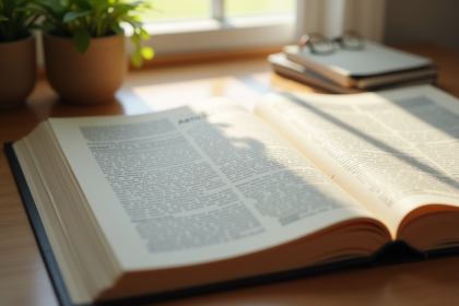 Livre de droit ouvert sur un bureau en bois clair