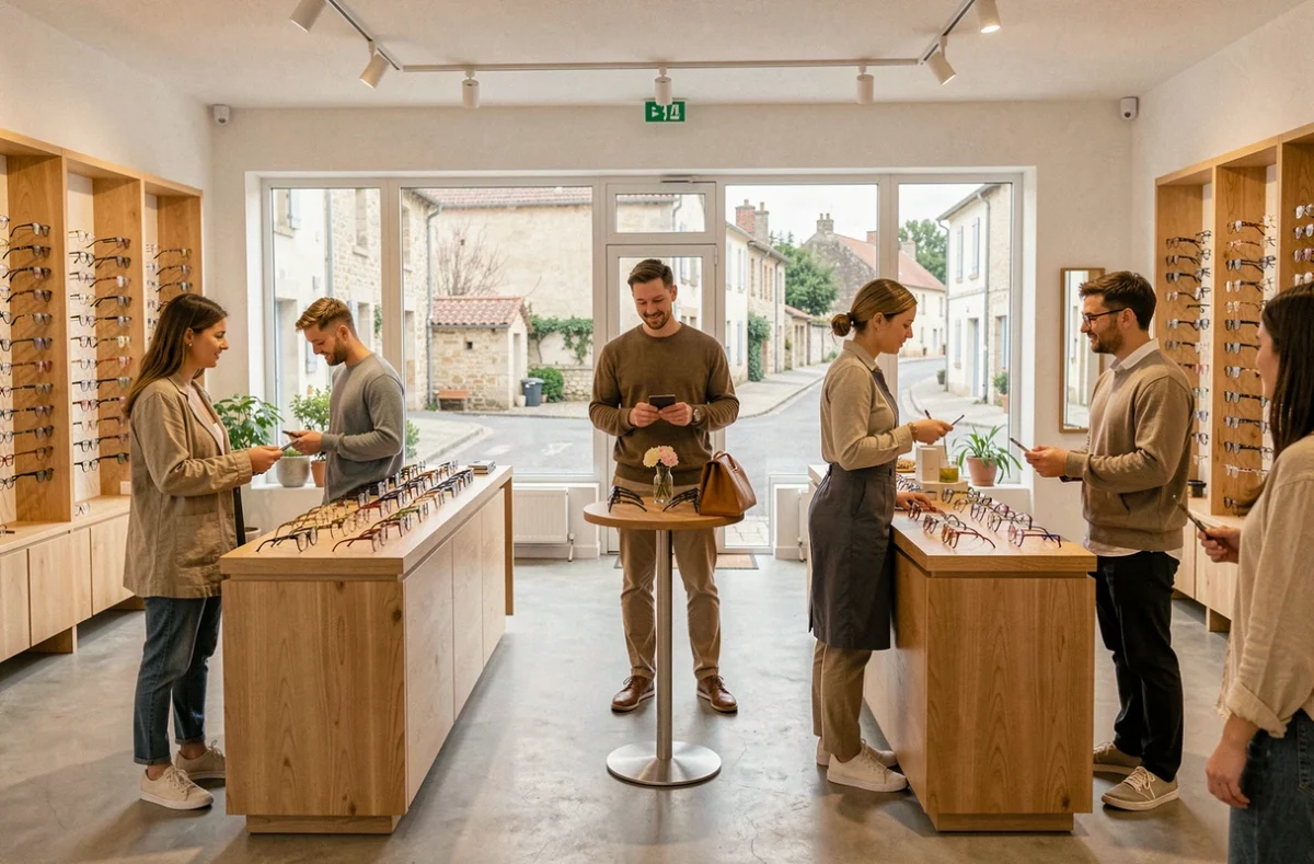 Équipe de trois opticiens du Collectif des Lunetiers à Saint-Yrieix-sur-Charente dans un espace moderne et collaboratif