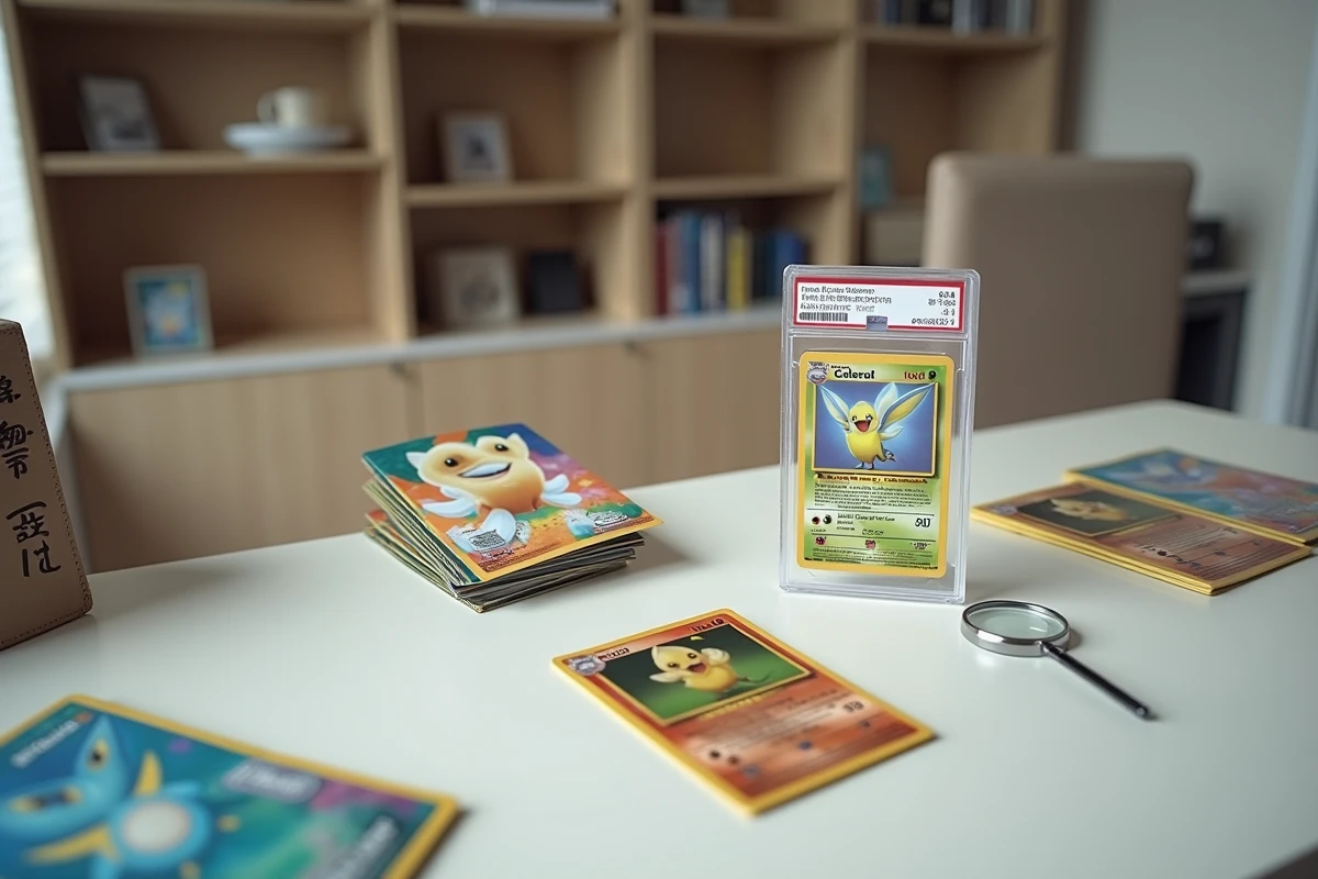 Espace de collection Pokémon avec une carte Celebi étoile gradée PSA au centre d'un bureau moderne, entourée d'outils d'évaluation et de guides de cotes