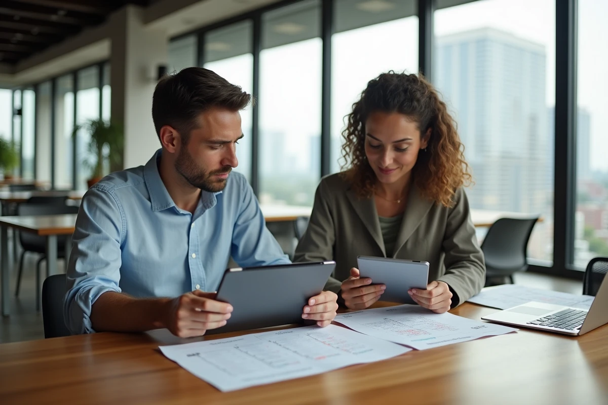 Deux collègues examinant des plannings avec une tablette dans un espace de coworking