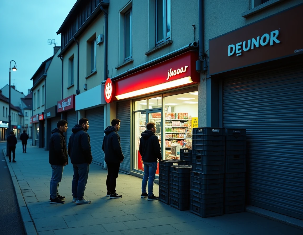 Devanture de commerce du quartier du Mirail à Toulouse en soirée avec des jeunes adultes rassemblés devant des boutiques fermées