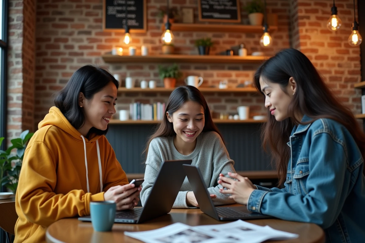 Groupe de jeunes lecteurs de manga réunis dans un café discutant de communautés en ligne et de scans sur leurs appareils numériques