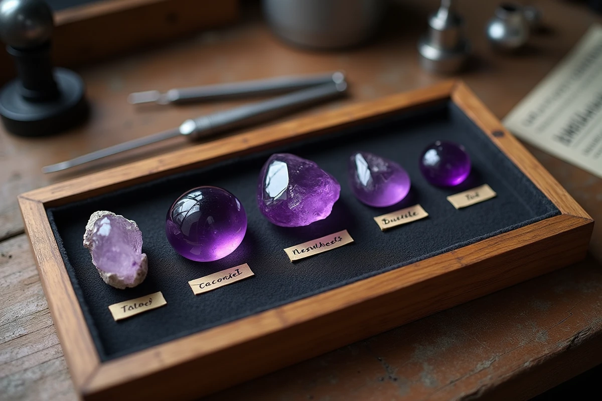 Comparaison de diff&eacute;rentes vari&eacute;t&eacute;s d'am&eacute;thyste naturelle et synth&eacute;tique sur un plateau de joaillier pour apprendre &agrave; reconna&icirc;tre une vraie pierre violette