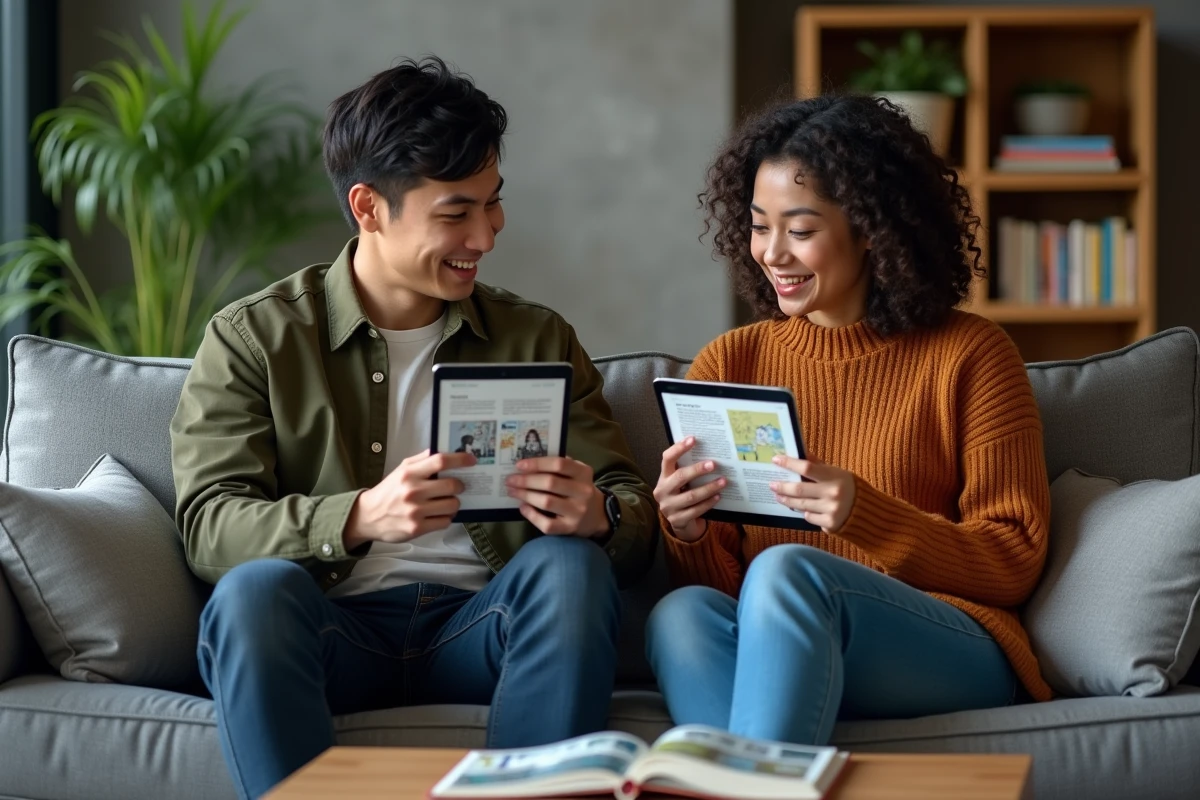 Deux amis comparant des applications et sites de lecture de mangas sur leurs tablettes dans un salon contemporain
