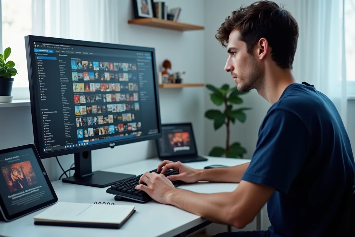 Homme comparant des plateformes de lecture de mangas en ligne sur un écran d'ordinateur dans un bureau moderne
