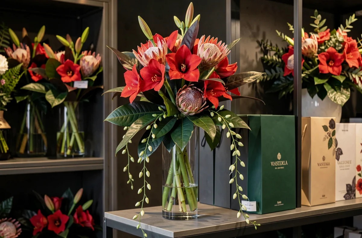 Composition florale luxueuse avec amaryllis rouges et protea dans un fleuriste haut de gamme à Marseille