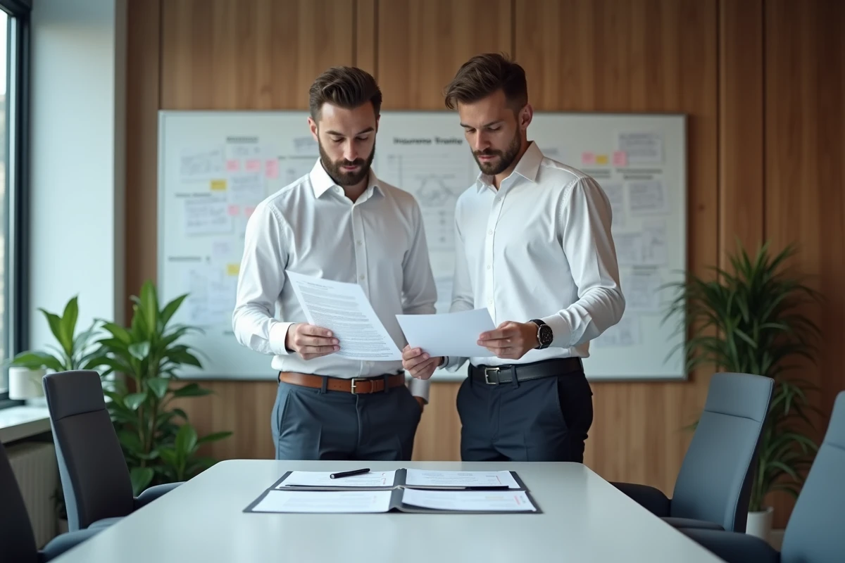 Comptable et collègue discutant d'une proposition d'assurance entreprise autour d'un rapport de trésorerie