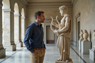 Conservateur de musée examinant une sculpture en marbre d'Apollon tenant une lyre dans un musée d'archéologie classique
