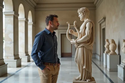 Conservateur de musée examinant une sculpture en marbre d'Apollon tenant une lyre dans un musée d'archéologie classique