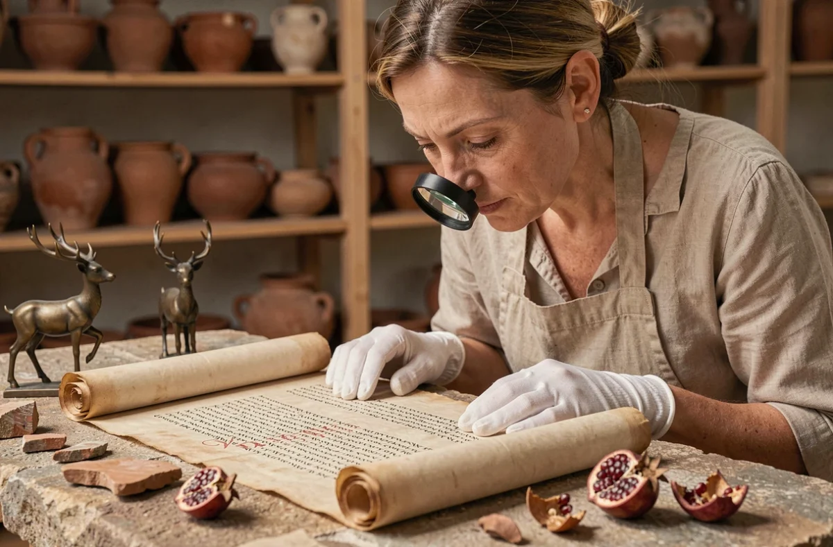 Conservatrice examinant un parchemin antique grec entouré de figurines votives en bronze et de fragments archéologiques liés au culte chthonien d'Artémis
