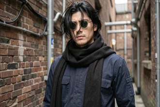 Cosplayer déguisé en Aizawa avec combinaison sombre, longue écharpe noire et lunettes rondes teintées dans une ruelle urbaine