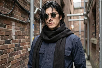 Cosplayer déguisé en Aizawa avec combinaison sombre, longue écharpe noire et lunettes rondes teintées dans une ruelle urbaine