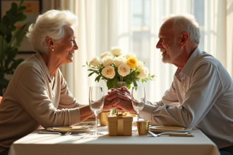 Couple agee souriant main dans la main a table decorée