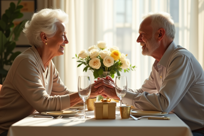 Couple agee souriant main dans la main a table decorée