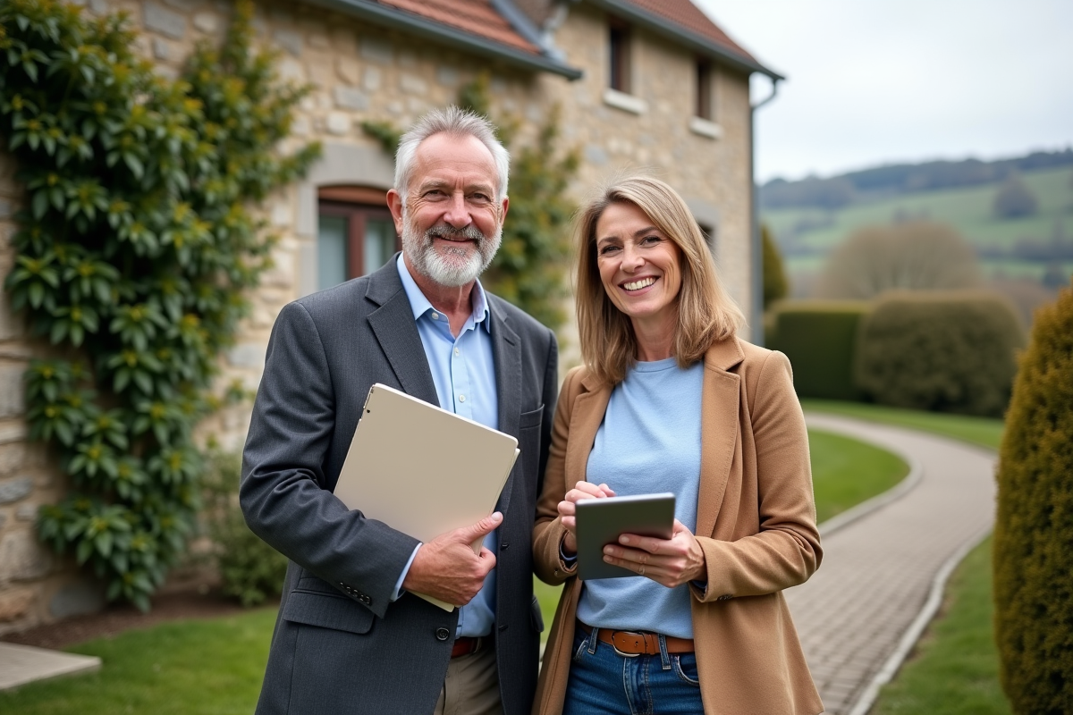 Couple français devant maison de campagne charmante