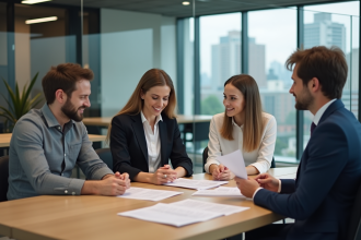 Jeune couple en réunion bancaire pour un prêt immobilier