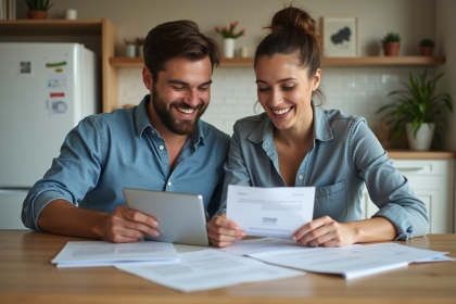 Couple souriant examinant des documents de prêt immobilier