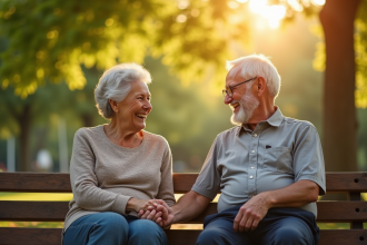 Couple senior assis sur un banc ensoleillé dans un parc