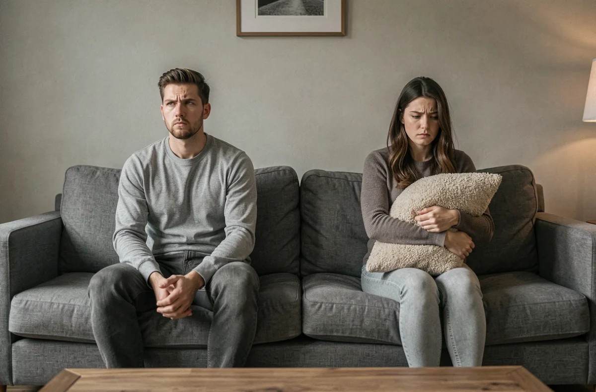 Couple en silence avec distance émotionnelle sur un canapé, symbolisant le jeu du silence dans une relation narcissique