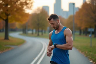 Coureur analysant sa montre GPS lors d'un entraînement de course à pied en ville, conversion kilomètres en miles