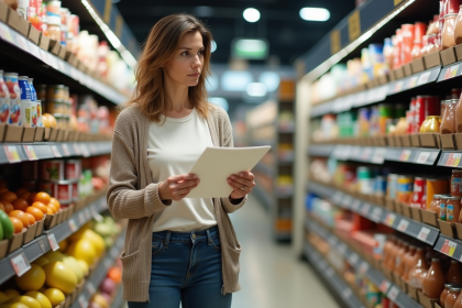 Femme comparant prix produits frais et conserves