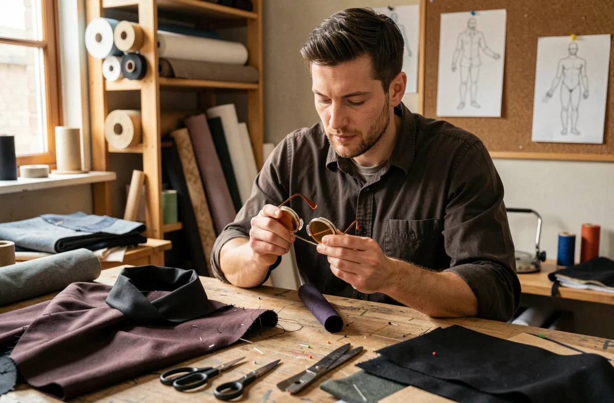 Créateur de costumes inspectés les lunettes rondes du costume d'Aizawa dans un atelier de couture encombré