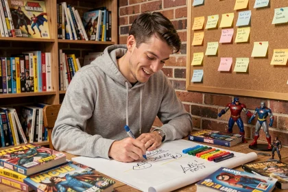 Jeune homme créant sa liste personnalisée de personnages Marvel et DC Comics avec des marqueurs colorés sur un tableau blanc dans un bureau décoré de comics