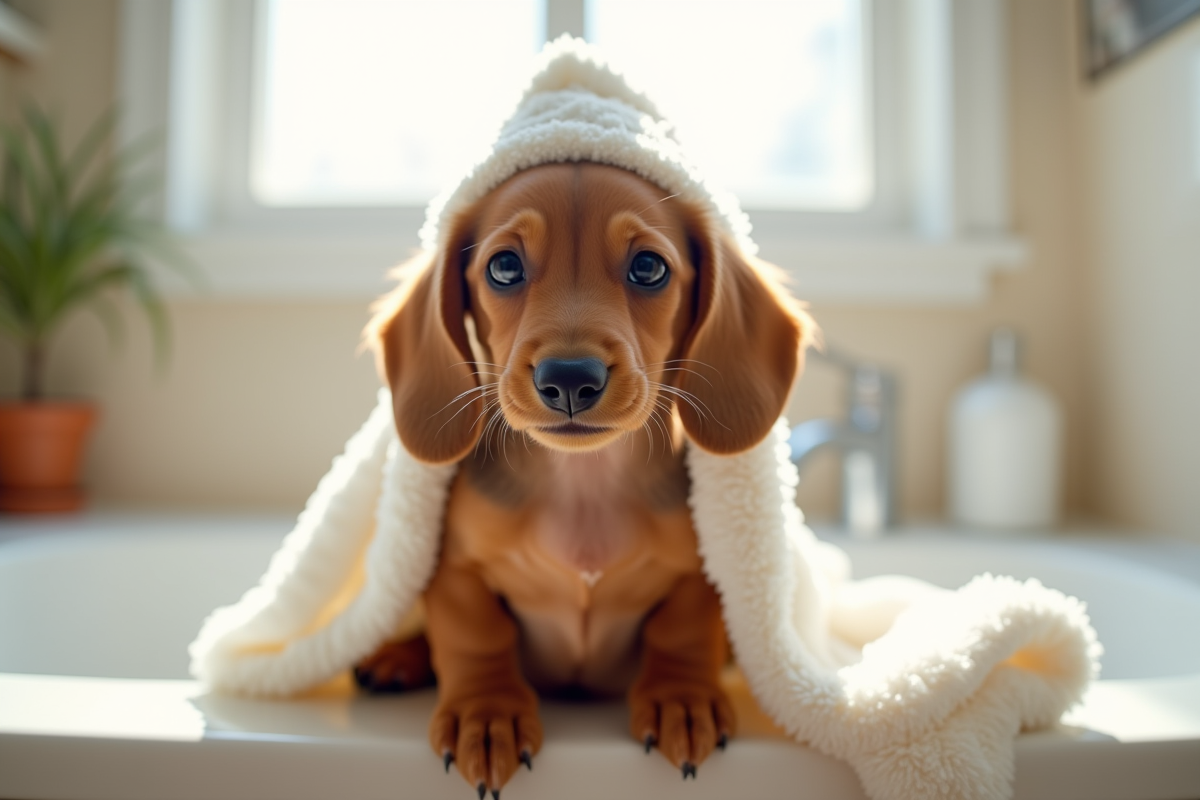 Chiot dachshund emmitoufle apres le bain sur le comptoir