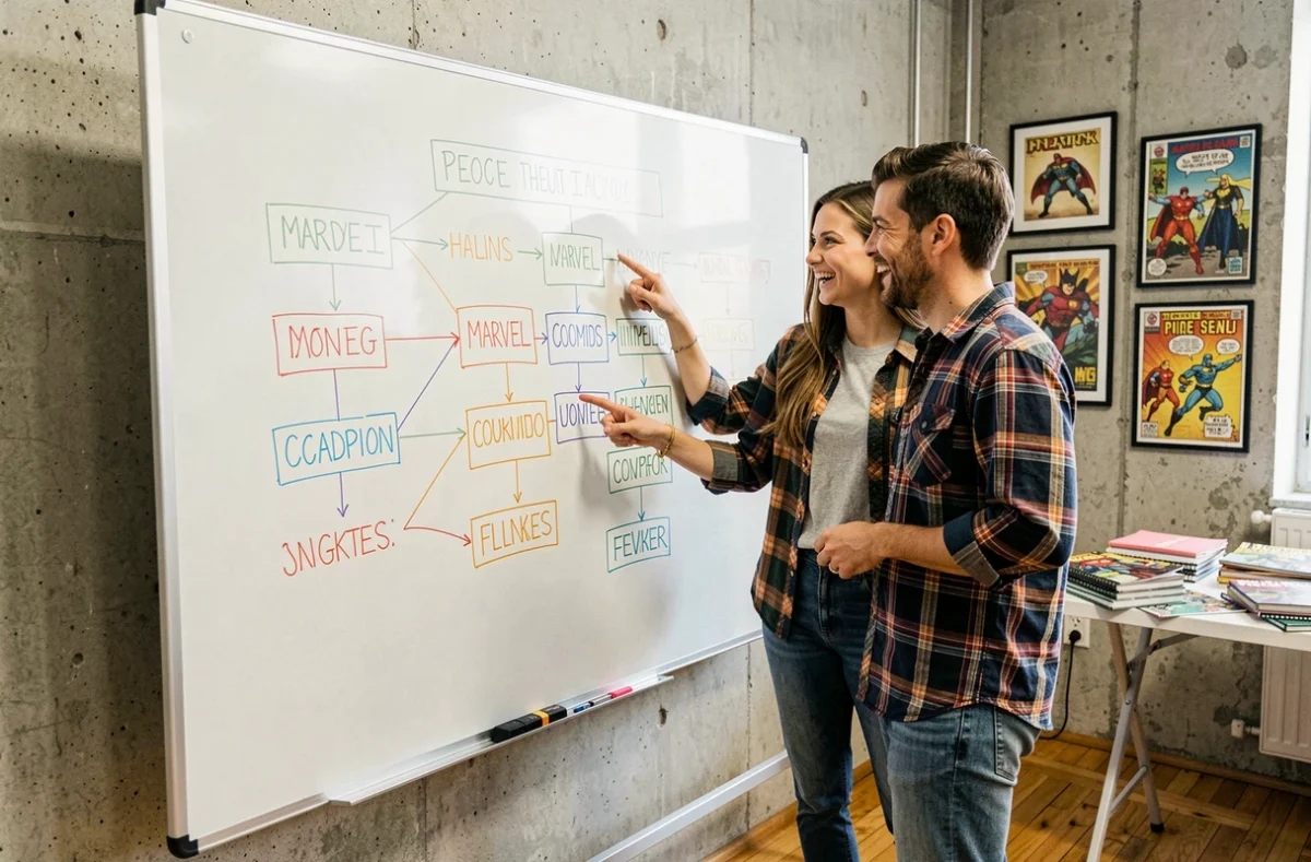 Deux amis débattant et construisant une liste de personnages Marvel et DC Comics sur un tableau blanc dans un studio créatif décoré d'affiches de comics