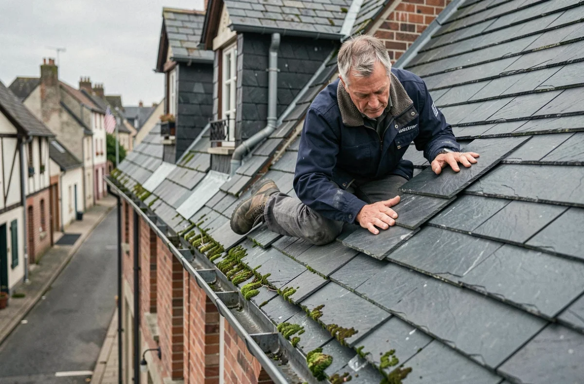 Artisan de Delanney Couverture posant des ardoises sur une toiture résidentielle normande