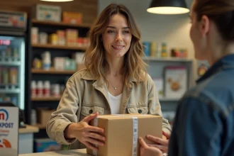 Femme déposant un colis Chronopost dans un point relais Pickup en commerce de proximité