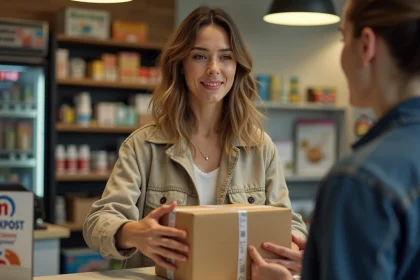 Femme déposant un colis Chronopost dans un point relais Pickup en commerce de proximité