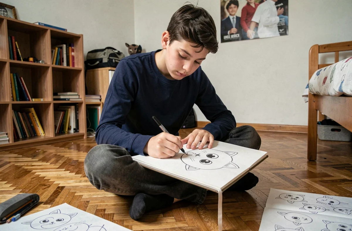 Adolescent dessinant un personnage de chat Mew dans un carnet sur le sol de sa chambre