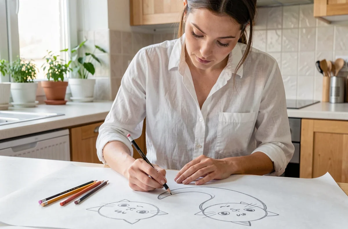 Femme adulte debout à une table de cuisine dessinant Mew étape par étape avec des crayons graphite