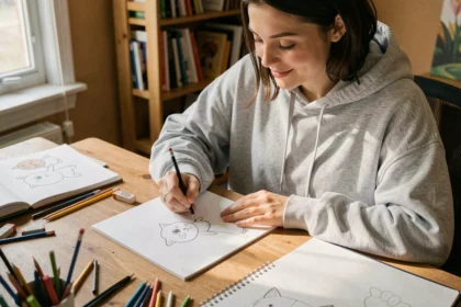 Jeune femme dessinant Mew au crayon dans un carnet de croquis sur un bureau en bois entouré de fournitures artistiques