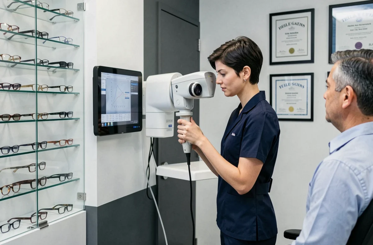 Opticienne de Dioptra utilisant un appareil d'imagerie rétinienne numérique dans un cabinet optique moderne et scientifique