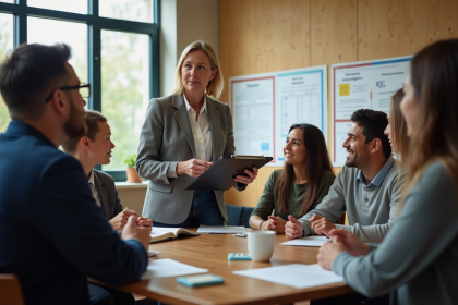 Femme en réunion avec groupe diversifié en centre communautaire