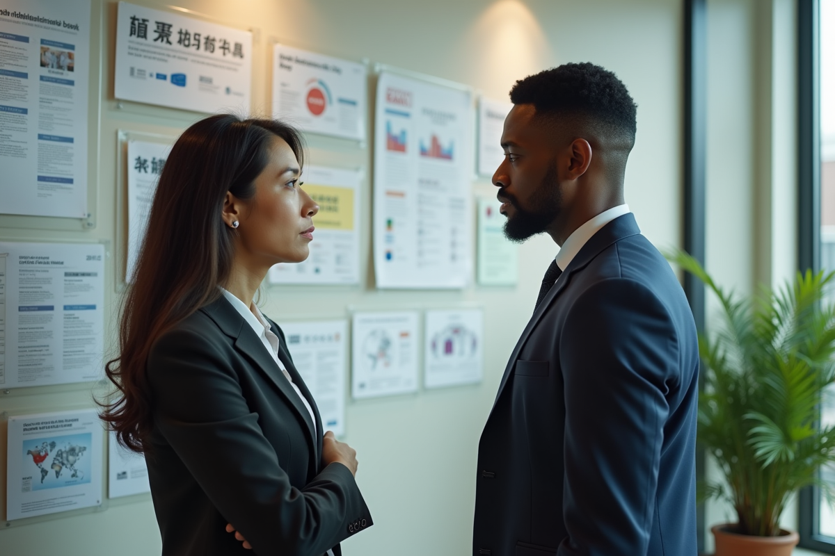 Homme et femme en discussion dans un bureau avec posters multilingues