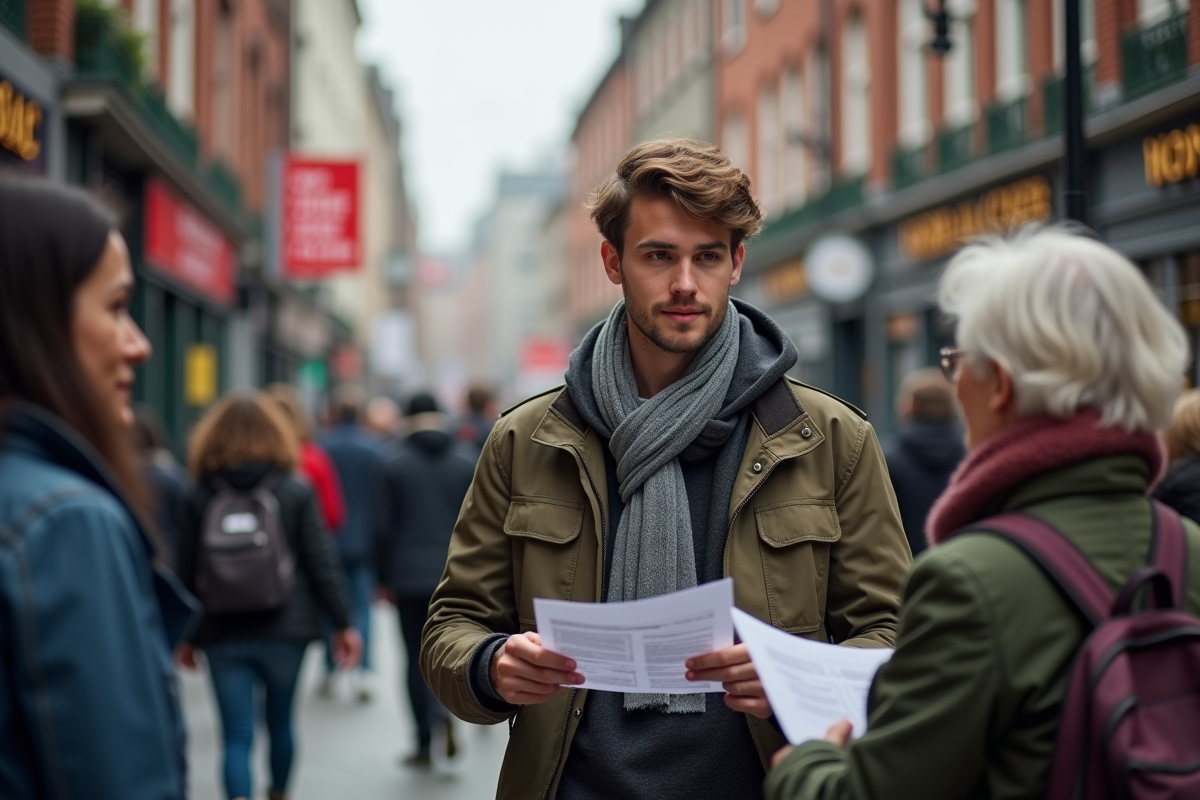 Jeune homme distribuant des flyers dans la rue urbaine