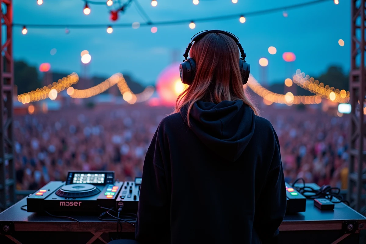 DJ femme en performance sur scène lors d'un festival de musique nocturne à Lyon