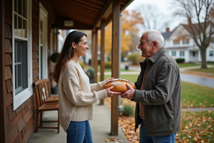 Femme donnant du pain à un voisin âgé devant une maison