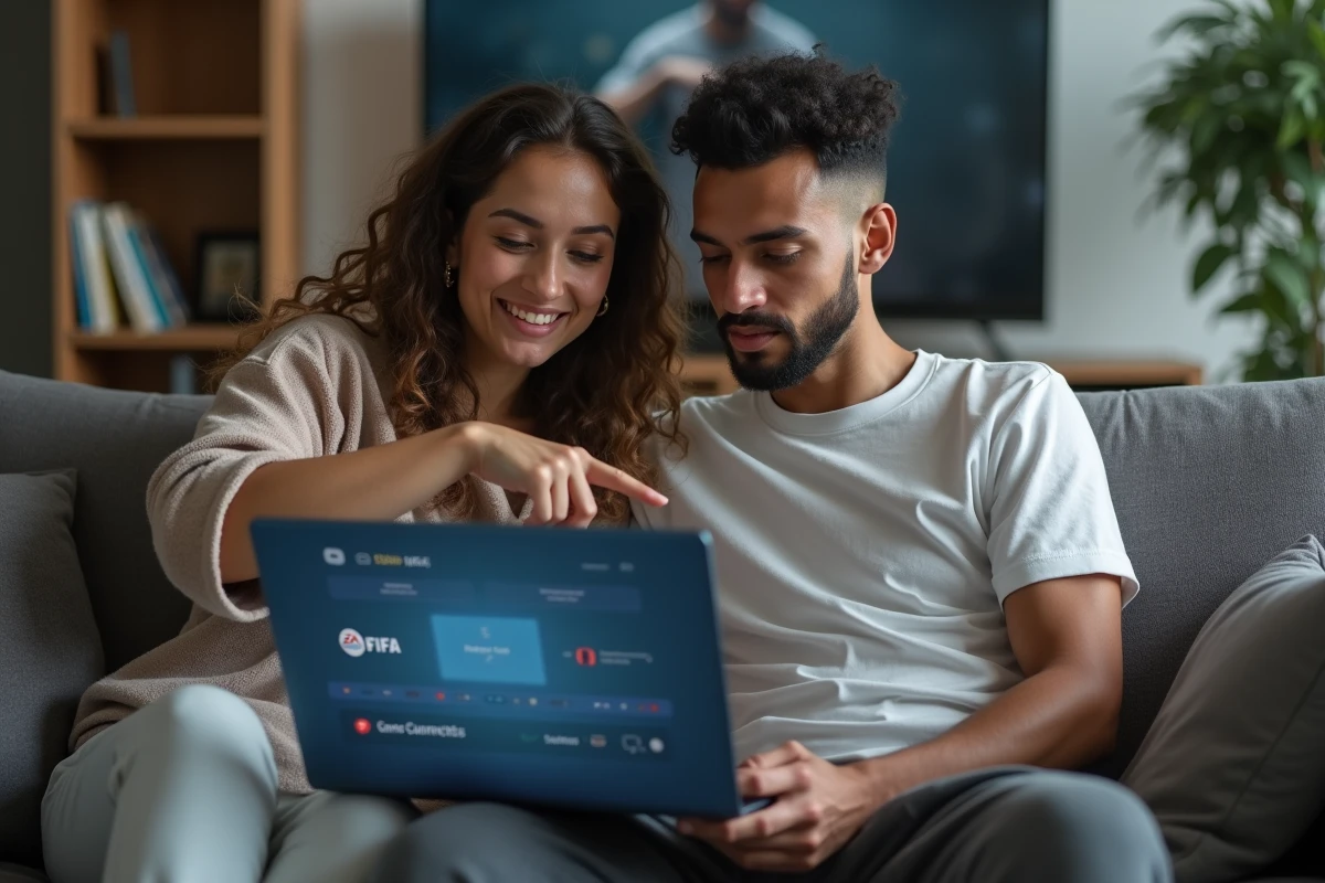 Deux joueurs consultant ensemble un guide sur la plateforme Igvault pour acheter des ressources dans des jeux comme FIFA et Valorant