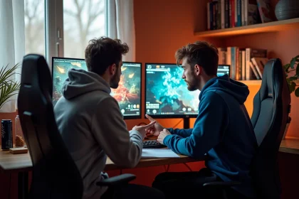 Deux joueurs en duo devant leurs écrans en train de progresser ensemble sur un MMORPG avec des menus de craft visibles