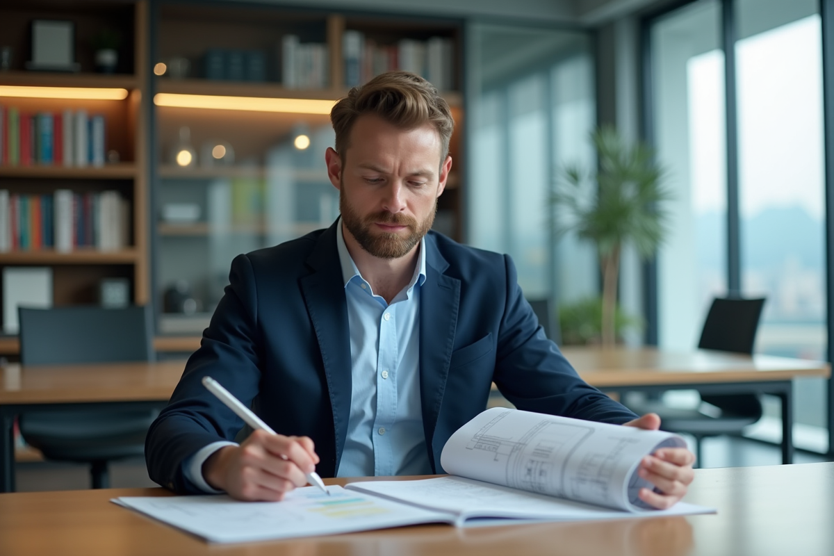 Economiste en construction examinant des plans architecturaux