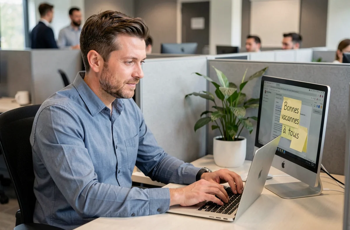Homme au bureau envoyant un email de bonnes vacances à ses collègues
