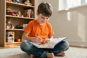 Jeune garçon coloriant un livre Dragon Ball Z sur le sol de sa chambre